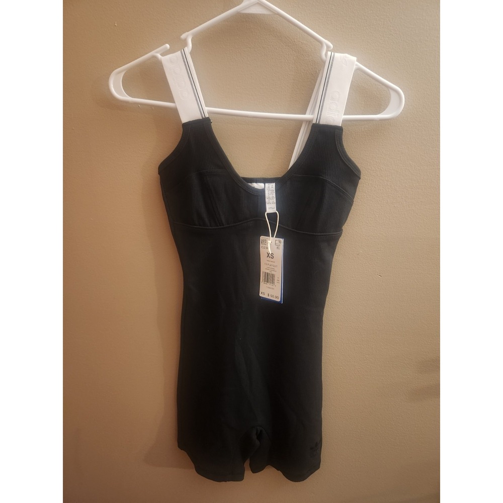 Adidas Women's Originals Ribbed Tape Tight Playsuit Black White Size XS NWT
